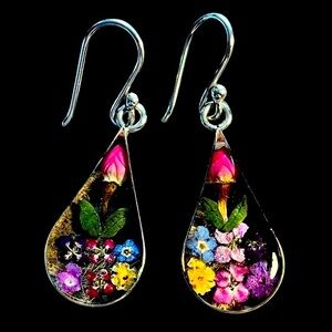 ATI MEXICO Sterling Silver Pressed Flower Resin Teardrop Earrings